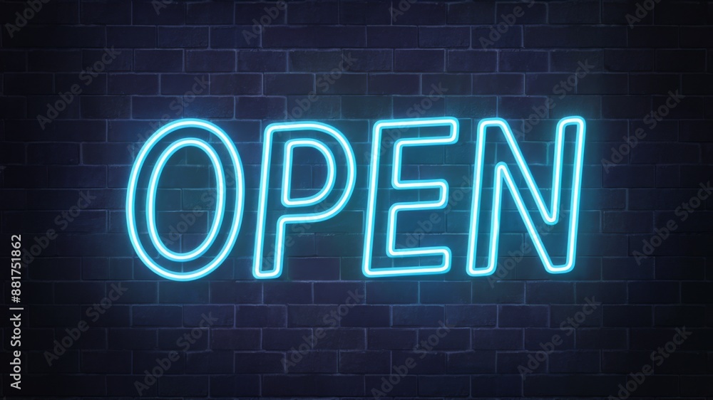 Illuminated neon open sign with a vibrant blue glow set against a dark brick wall backdrop, ideal for catching attention in various business and storefront applications. Illuminated neon open sign with a vibrant blue glow set against a dark brick wall backdrop, ideal for catching attention in various business and storefront applications.