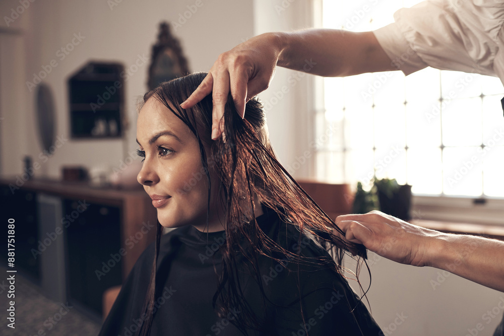 Fototapeta premium Happy woman, treatment and salon with hair stylist for beauty, maintenance or customer service. Female person or client with smile for beautician, hairdresser or hairstyle at indoor grooming spa