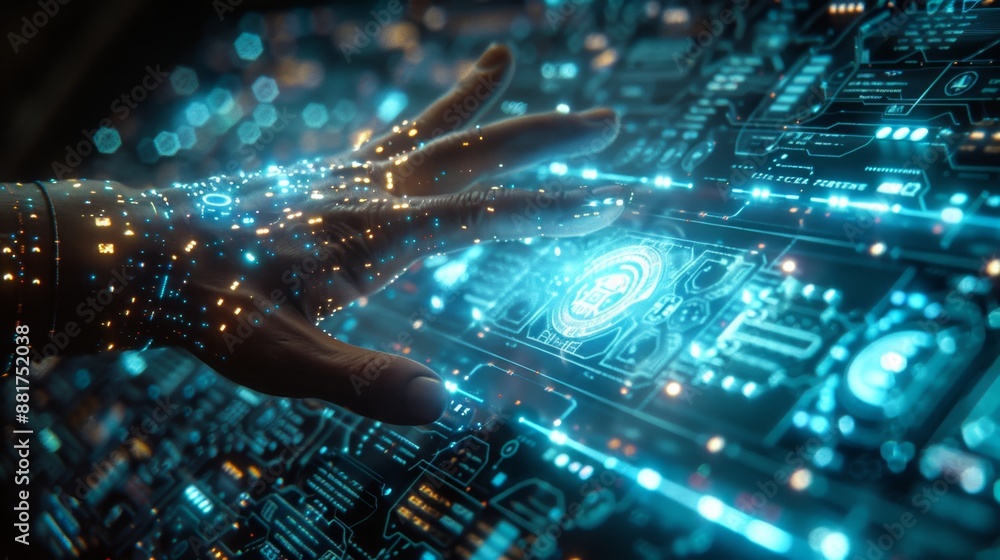 High-tech Hand Interface with Digital Hologram - Generative AI High-tech Hand Interface with Digital Hologram - Generative AI