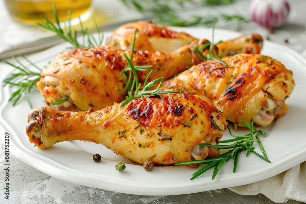 Grilled chicken legs with rosemary and spices on a white plate Grilled chicken legs with rosemary and spices on a white plate