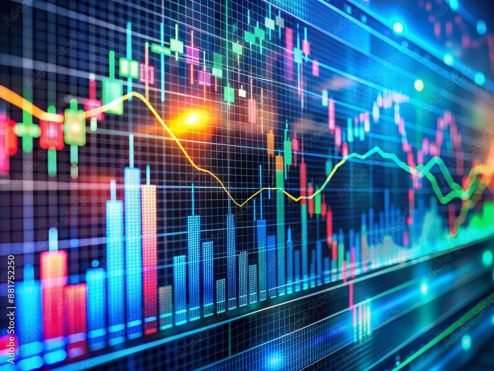 Vibrant digital screen displays a dynamic stock market chart with fluctuating lines, bars, and graphs illustrating real-time financial data trends and volatile market activity. Vibrant digital screen displays a dynamic stock market chart with fluctuating lines, bars, and graphs illustrating real-time financial data trends and volatile market activity.