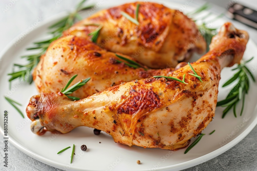Grilled chicken legs with rosemary and spices on a white plate Grilled chicken legs with rosemary and spices on a white plate