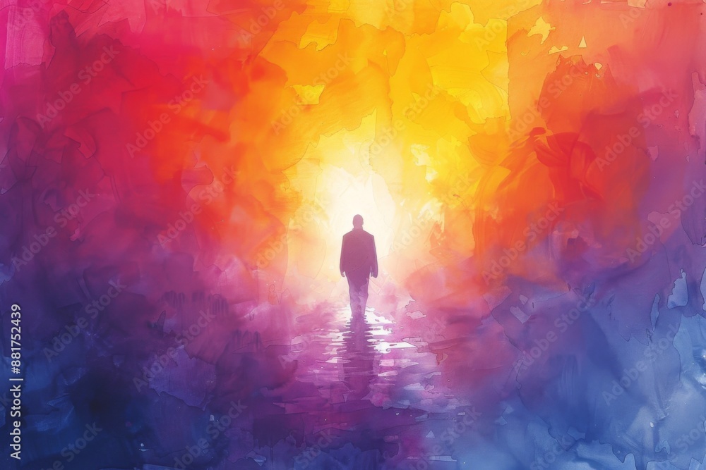 Silhouette of a Man Walking Toward a Bright Light Silhouette of a Man Walking Toward a Bright Light