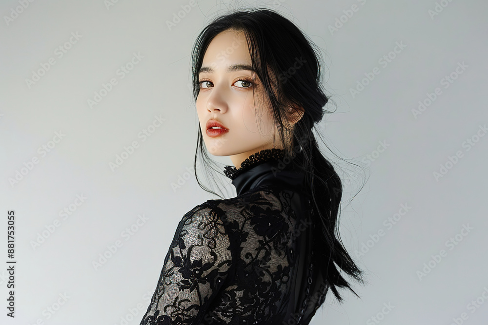 a woman in black dress with lace on plain white background, with empty copy space, a woman in black dress with lace on plain white background, with empty copy space,