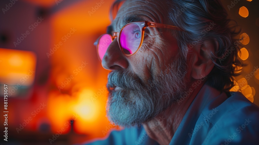 Obraz premium Senior Man Reflecting with Pink Glasses. Close-up of a senior man with a thoughtful expression, wearing pink glasses and looking into the distance in a warmly lit room.
