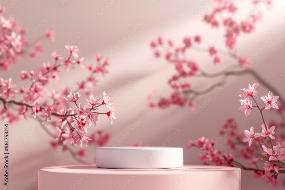Empty podium display stand for product presentation with cherry blossom flower on background Empty podium display stand for product presentation with cherry blossom flower on background
