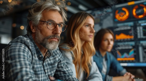 Wallpaper Mural Team Reviewing Financial Data on Screens. Business team of an older man and two women reviewing financial data on multiple screens in a high-tech office. Torontodigital.ca
