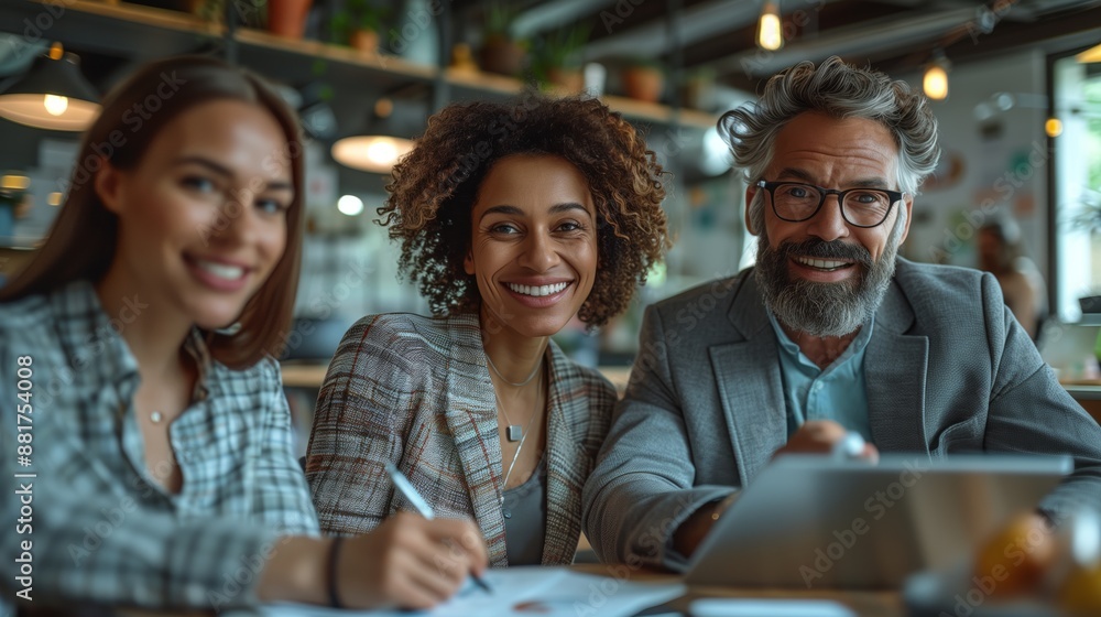 Cheerful Business Team Collaborating. Cheerful business team with a woman and two men collaborating on a project in a modern office environment. Cheerful Business Team Collaborating. Cheerful business team with a woman and two men collaborating on a project in a modern office environment.