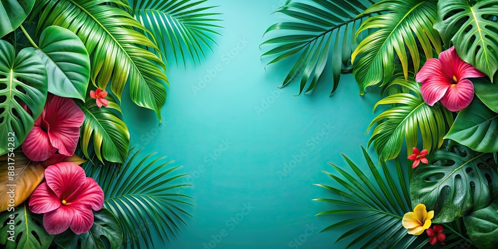 Tropical background with lush green palm and monstera leaves, vibrant hibiscus flowers , exotic, tropical, background Tropical background with lush green palm and monstera leaves, vibrant hibiscus flowers , exotic, tropical, background