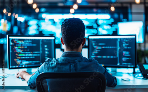 A programmer working at a multi-monitor setup, focused on code, in a high-tech office environment, illustrating the concept of software development. Generative AI