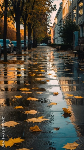 Wet Autumn Leaves Lining a Rainy Urban Street with Golden Sunlight and Reflections. photo