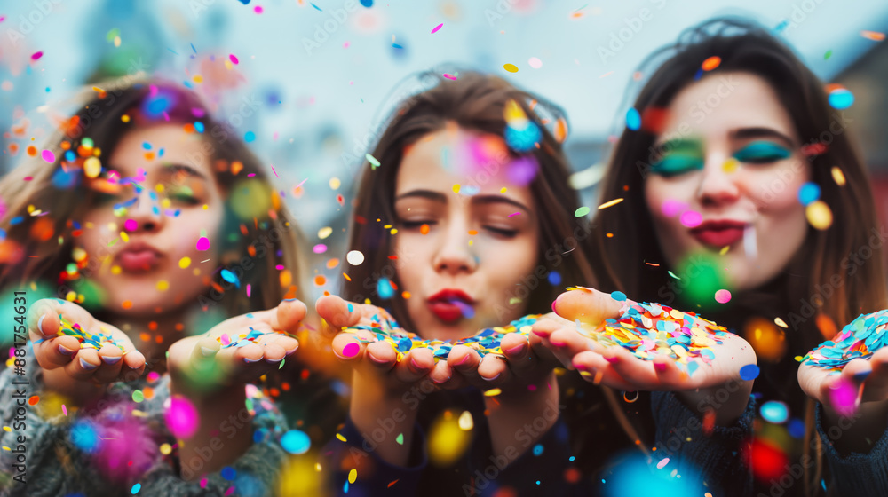 Three people celebrate with colorful confetti, blowing glitter from their hands, with joyful expressions. Generative AI Three people celebrate with colorful confetti, blowing glitter from their hands, with joyful expressions. Generative AI