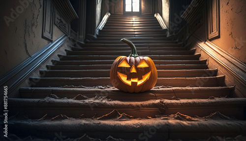 Halloween Kürbis auf einer alten Treppe in einem verlassenem Haus photo