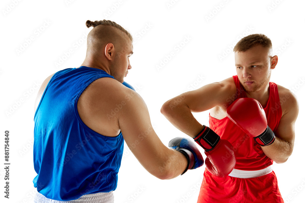 High-intensity match between two boxers, red athlete against blue athlete, each showcasing their prowess isolated white studio background. Concept of professional combat sport, competition. Ad High-intensity match between two boxers, red athlete against blue athlete, each showcasing their prowess isolated white studio background. Concept of professional combat sport, competition. Ad