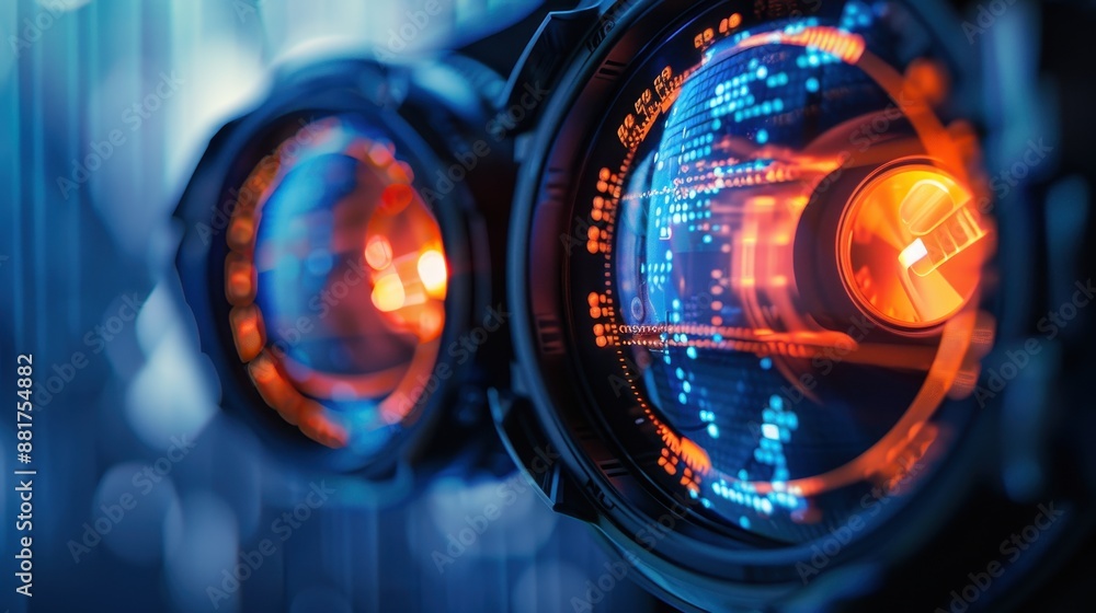 Futuristic VR Headset Lenses with Digital Display Reflection Close-Up Concept Futuristic VR Headset Lenses with Digital Display Reflection Close-Up Concept