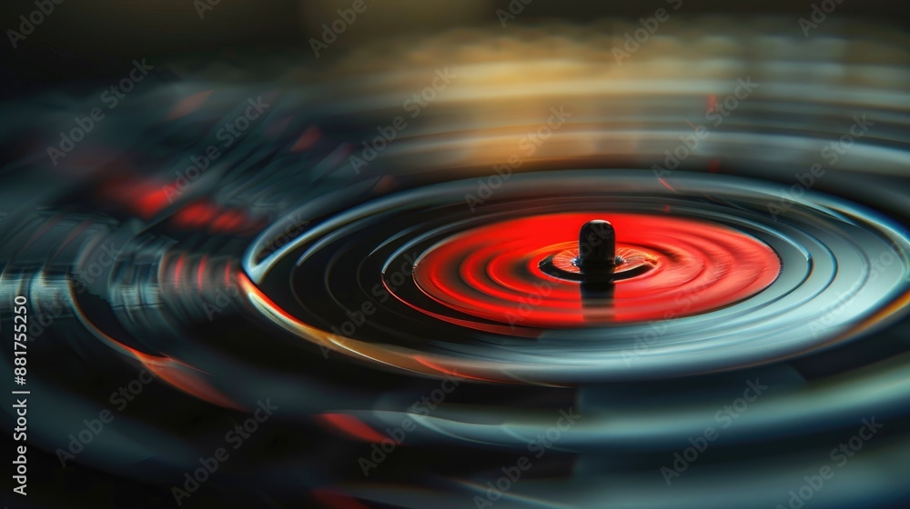Close up of part of a phonograph record with spiral grooves and a red label in the center with blurred background and focus on center Close up of part of a phonograph record with spiral grooves and a red label in the center with blurred background and focus on center