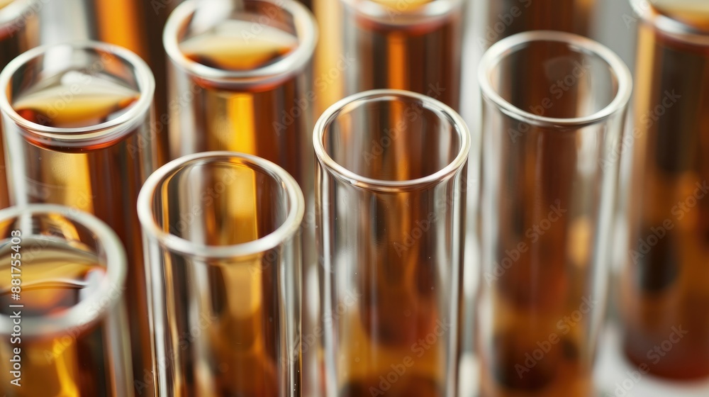 Close up image of test tubes containing brown liquid with space for text Close up image of test tubes containing brown liquid with space for text