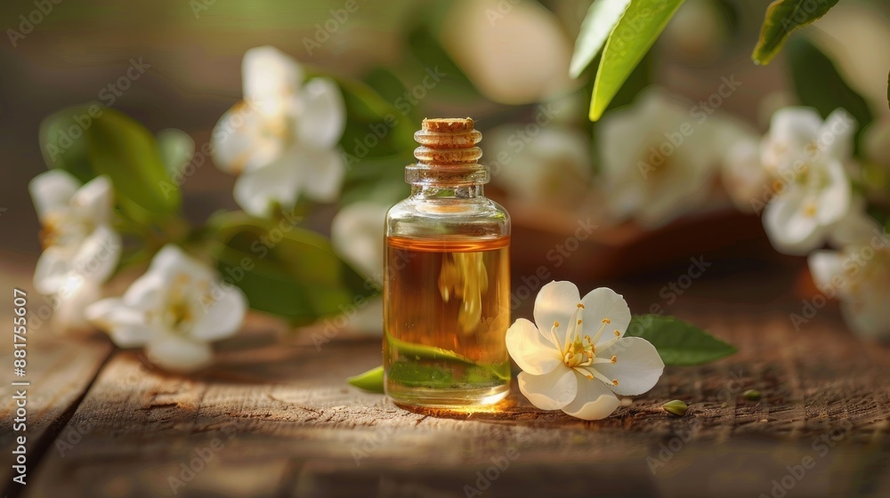 Close up image of a small bottle containing essential oil and jasmine blossoms Aromatherapy natural care spa and herbal medicine concept showcased Close up image of a small bottle containing essential oil and jasmine blossoms Aromatherapy natural care spa and herbal medicine concept showcased