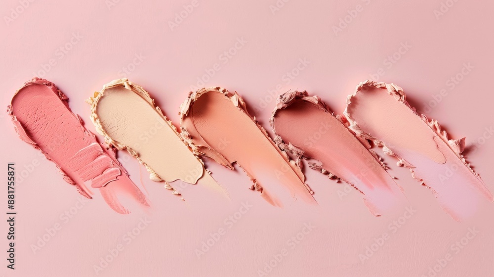 Swatches of Pink, Peach, and Beige Makeup on a Pink Background Swatches of Pink, Peach, and Beige Makeup on a Pink Background