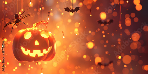 Wallpaper Mural Glowing Halloween Pumpkin Lantern  Spooky Jack-O'-Lantern with Bats and Spiders in a Festive Autumn Night Scene Torontodigital.ca