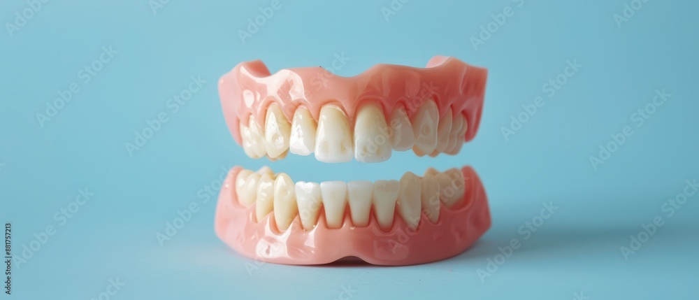 Obraz premium Full Denture Set Isolated on Light Blue Background