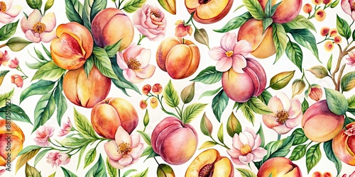 Fototapeta Naklejka Na Ścianę i Meble -  Vintage watercolor pattern with peaches and flowers, vintage, watercolor, pattern, peaches, flowers, botanical, retro, pastel