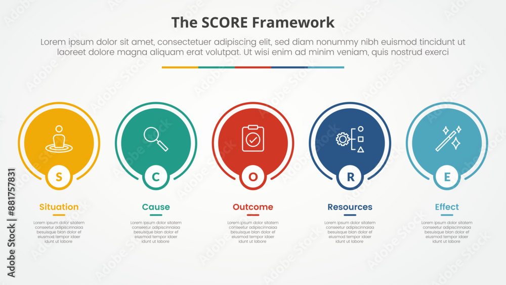 score model infographic concept for slide presentation with big circle outline on horizontal line with 5 point list with flat style score model infographic concept for slide presentation with big circle outline on horizontal line with 5 point list with flat style