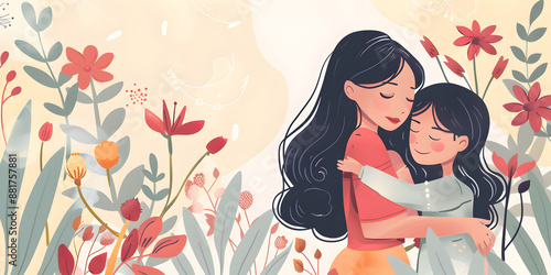 Wallpaper Mural Heartwarming Mother and Daughter Hugging in a Flower Garden   Illustration of Love, Family Bonding, and Nature's Beauty Torontodigital.ca