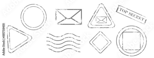 Grunge Postal stamps and mail post labels collection. Postage or postcard vector icons. Retro postage or mail postmark stamps for paper envelope. Vector illustration isolated on transparent background