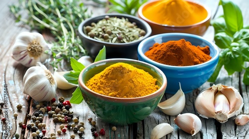 Assorted spices in vibrant bowls on a rustic wooden table, surrounded by fresh herbs and garlic cloves