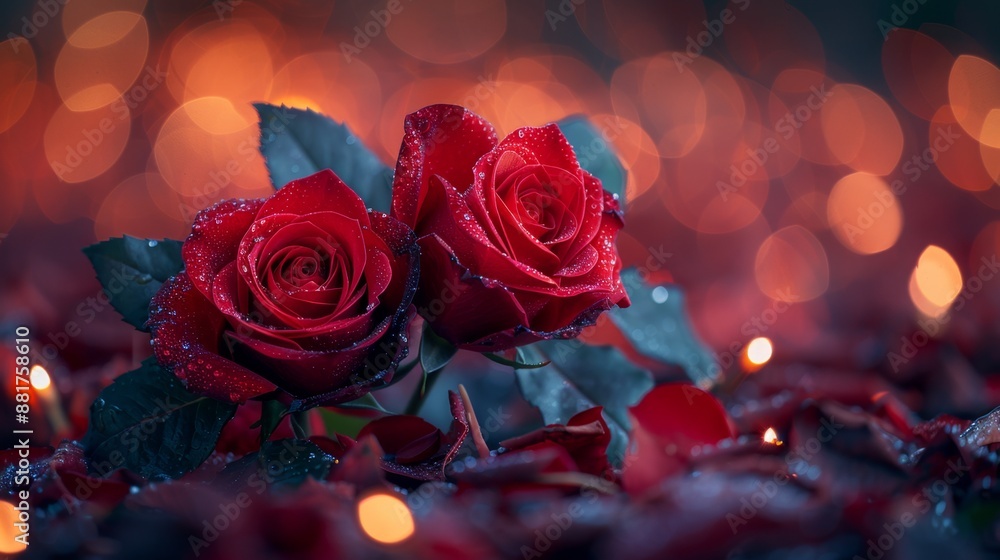Two Red Roses with Dew and Bokeh Lights - Generative AI Two Red Roses with Dew and Bokeh Lights - Generative AI