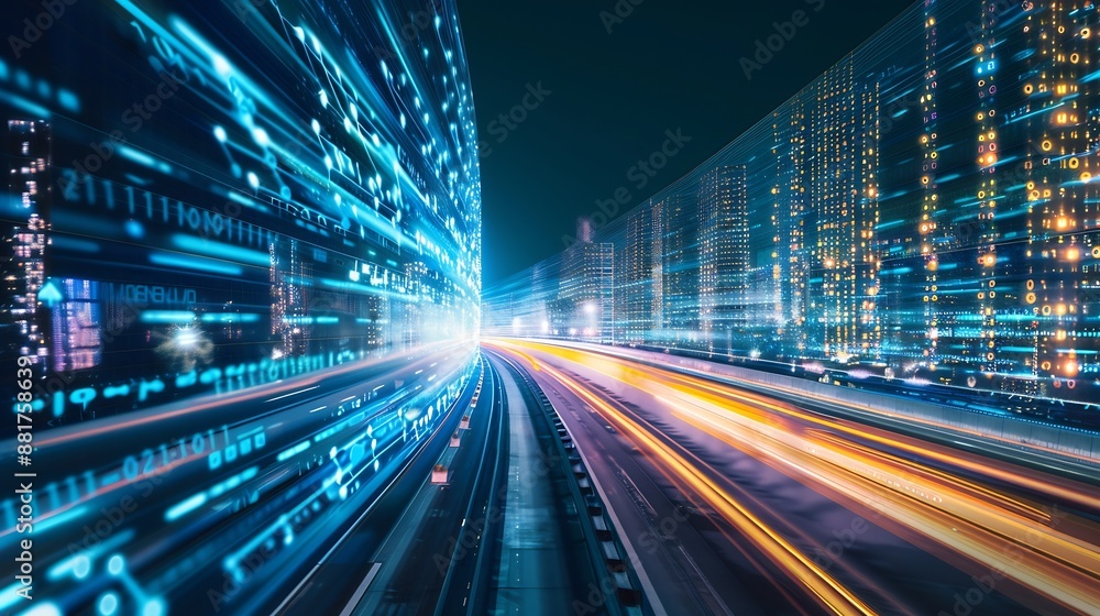 Digital data flow on road with motion blur to create vision of fast speed transfer Concept of future digital transformation disruptive innovation and agile business methodology : Generative AI Digital data flow on road with motion blur to create vision of fast speed transfer Concept of future digital transformation disruptive innovation and agile business methodology : Generative AI