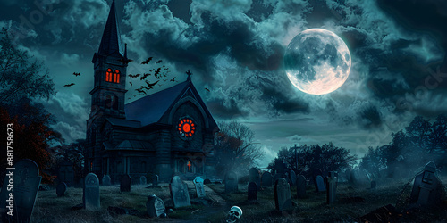 Wallpaper Mural Haunted Church with Red Stained Glass Under Full Moon   Spooky Halloween Scene with Eerie Clouds, Bats, and Creepy Graveyard Torontodigital.ca