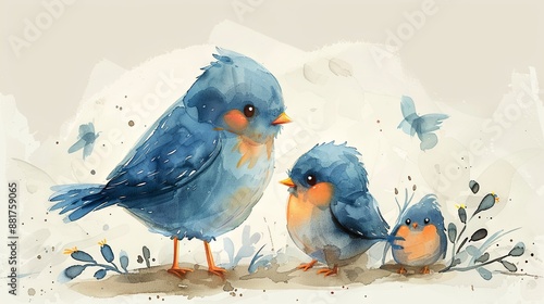 Watercolor cute blue bird family illustration