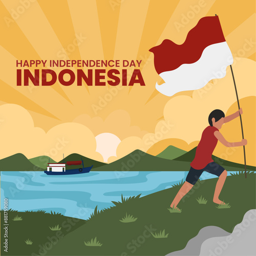 indonesia independence day celebration kid running holding indonesia flag running up the hill flat illustration