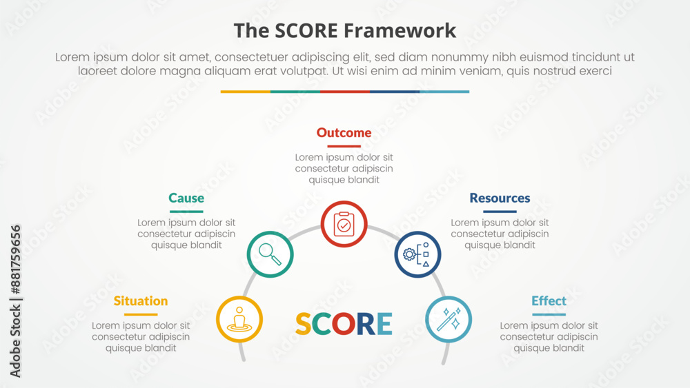 score model infographic concept for slide presentation with outline circle on half circle line with 5 point list with flat style score model infographic concept for slide presentation with outline circle on half circle line with 5 point list with flat style