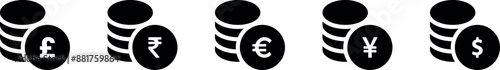 Money or financial coins stacked vector icon set. Dollar, Rupee, Euro, Yen, Pound Sterling coin, money stack, wallet, banknote finance symbols.