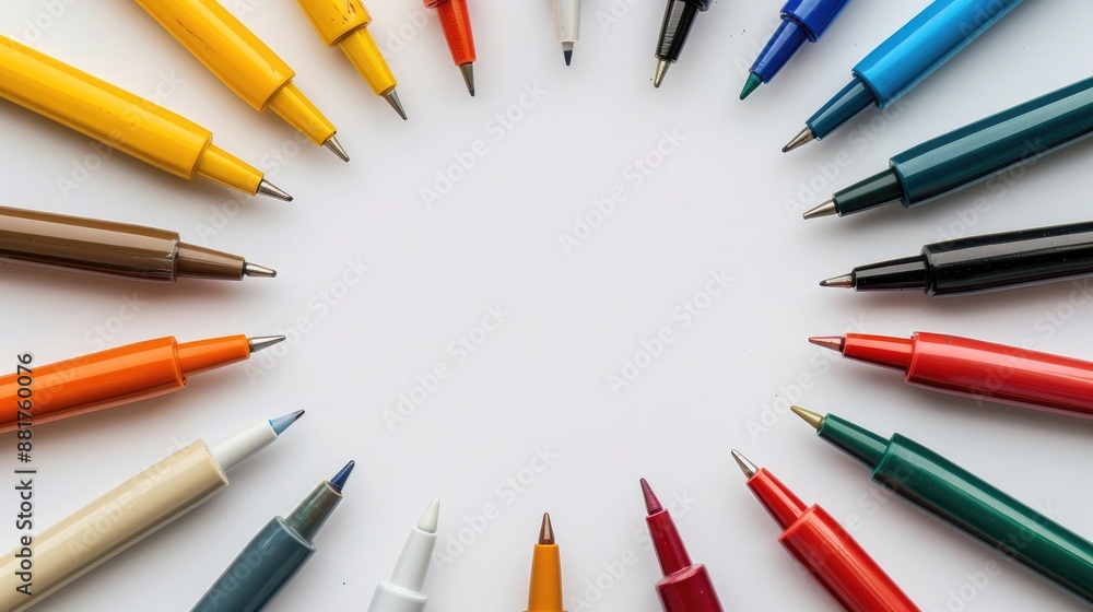 Colored pens arranged in a square on a white surface Colored pens arranged in a square on a white surface