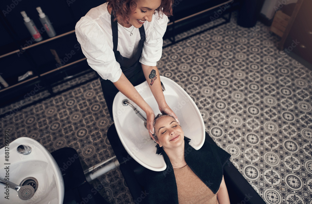 Fototapeta premium Smile, massage and hairdresser with client in salon, relax and basin for wash and treatment. Hands, scalp and hairstyle or dye for happy customer, keratin and sulphate free shampoo for hair care