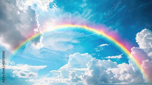 Fototapeta Naklejka Na Ścianę i Meble -  Colorful rainbow and white clouds against a blue sky