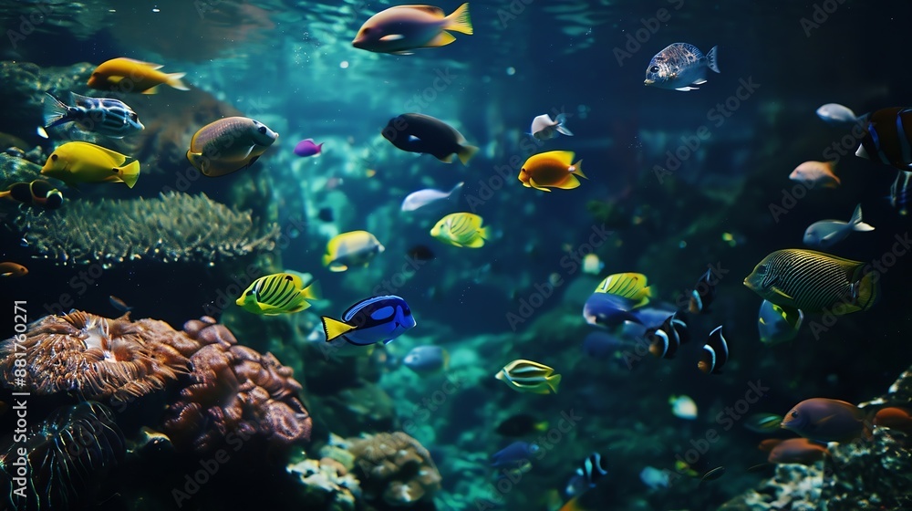 Underwater world with many fishes like aquarium It is a real natural at far away from land at Losin Thailand : Generative AI Underwater world with many fishes like aquarium It is a real natural at far away from land at Losin Thailand : Generative AI