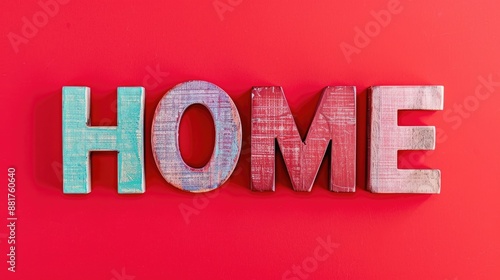 Colorful ABC alphabet block wooden letters forming HOME on a red background with space for advertising text English learning idea