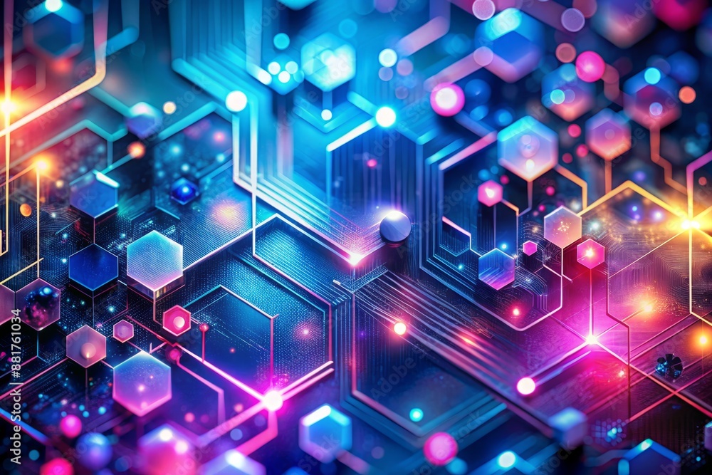 Vibrant futuristic bokeh background features high-tech geometric shapes in a palette of electric blues, neon pinks, and metallic silvers, evoking a sense of advanced technology. Vibrant futuristic bokeh background features high-tech geometric shapes in a palette of electric blues, neon pinks, and metallic silvers, evoking a sense of advanced technology.