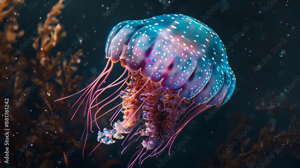 Fototapeta premium Chrysaora achlyos colorata or purplestriped jellyfish lives in water of coast of California close up : Generative AI