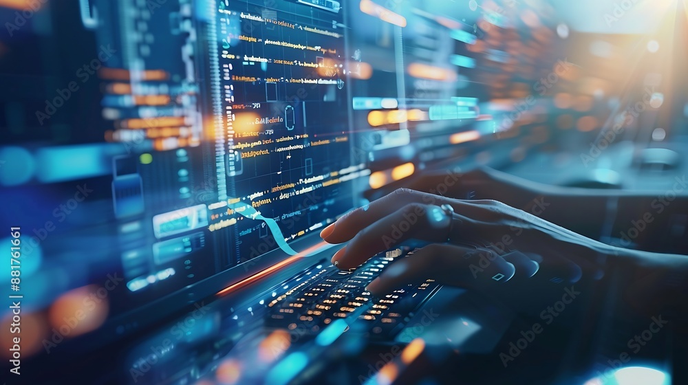 A software development designer or programmer is typing on a computer ...