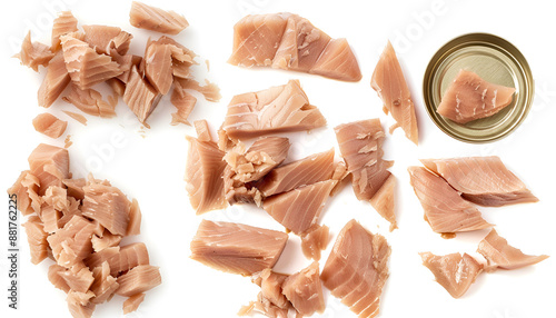 Collage with pieces of canned tuna on white background