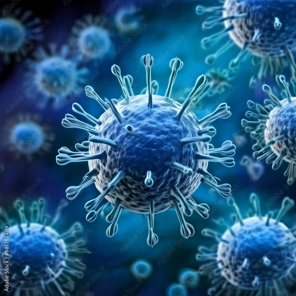 Microscopic enlargement of blue virus - respitory virus outbreak - floating cells in body - virus shaped as covid, influenza, sars, corona, hiv, mers, cholera, variola, measles - disease organisms Microscopic enlargement of blue virus - respitory virus outbreak - floating cells in body - virus shaped as covid, influenza, sars, corona, hiv, mers, cholera, variola, measles - disease organisms