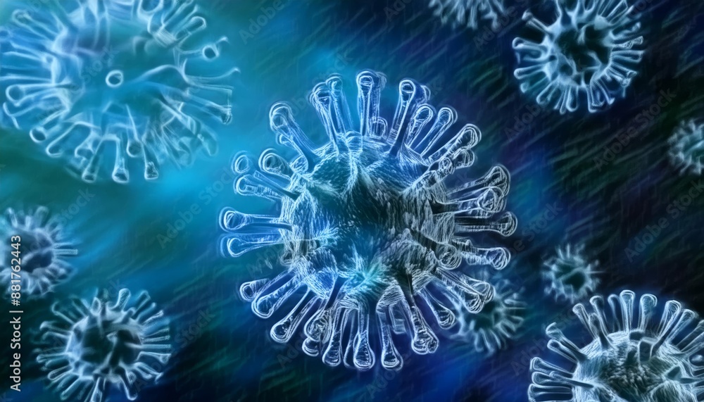Microscopic enlargement of blue virus - respitory virus outbreak - floating cells in body - virus shaped as covid, influenza, sars, corona, hiv, mers, cholera, variola, measles - disease organisms Microscopic enlargement of blue virus - respitory virus outbreak - floating cells in body - virus shaped as covid, influenza, sars, corona, hiv, mers, cholera, variola, measles - disease organisms