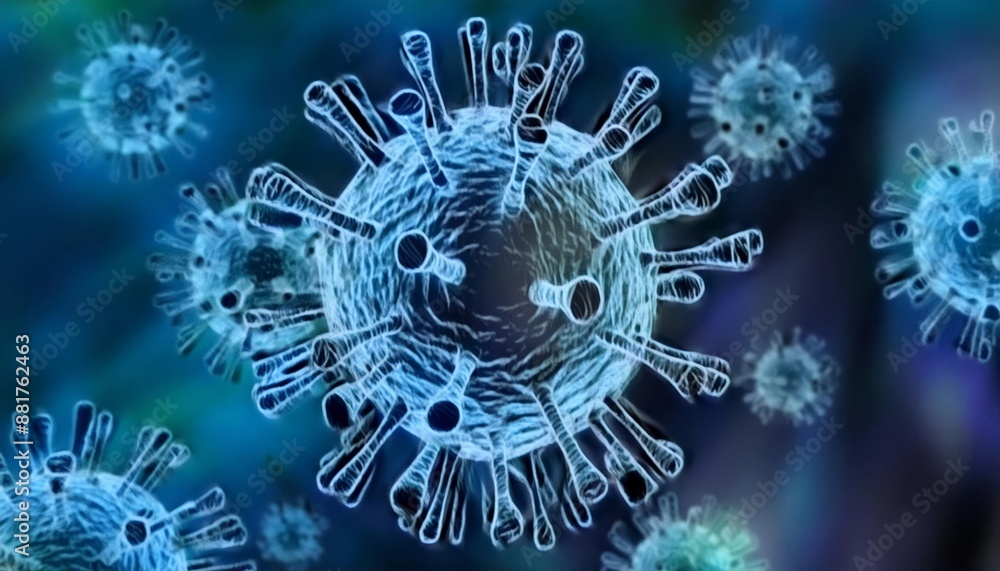 Microscopic enlargement of blue virus - respitory virus outbreak - floating cells in body - virus shaped as covid, influenza, sars, corona, hiv, mers, cholera, variola, measles - disease organisms Microscopic enlargement of blue virus - respitory virus outbreak - floating cells in body - virus shaped as covid, influenza, sars, corona, hiv, mers, cholera, variola, measles - disease organisms