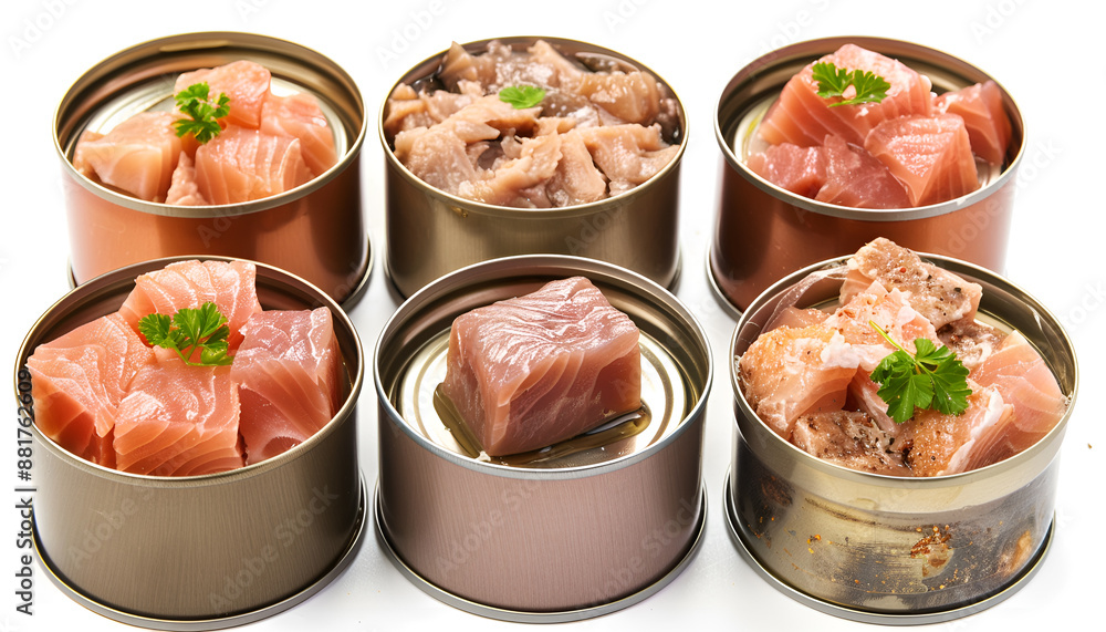 Collage with pieces of canned tuna on white background Collage with pieces of canned tuna on white background